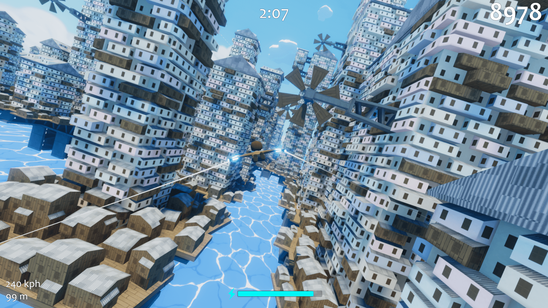 Flying through a city of jumbled towers