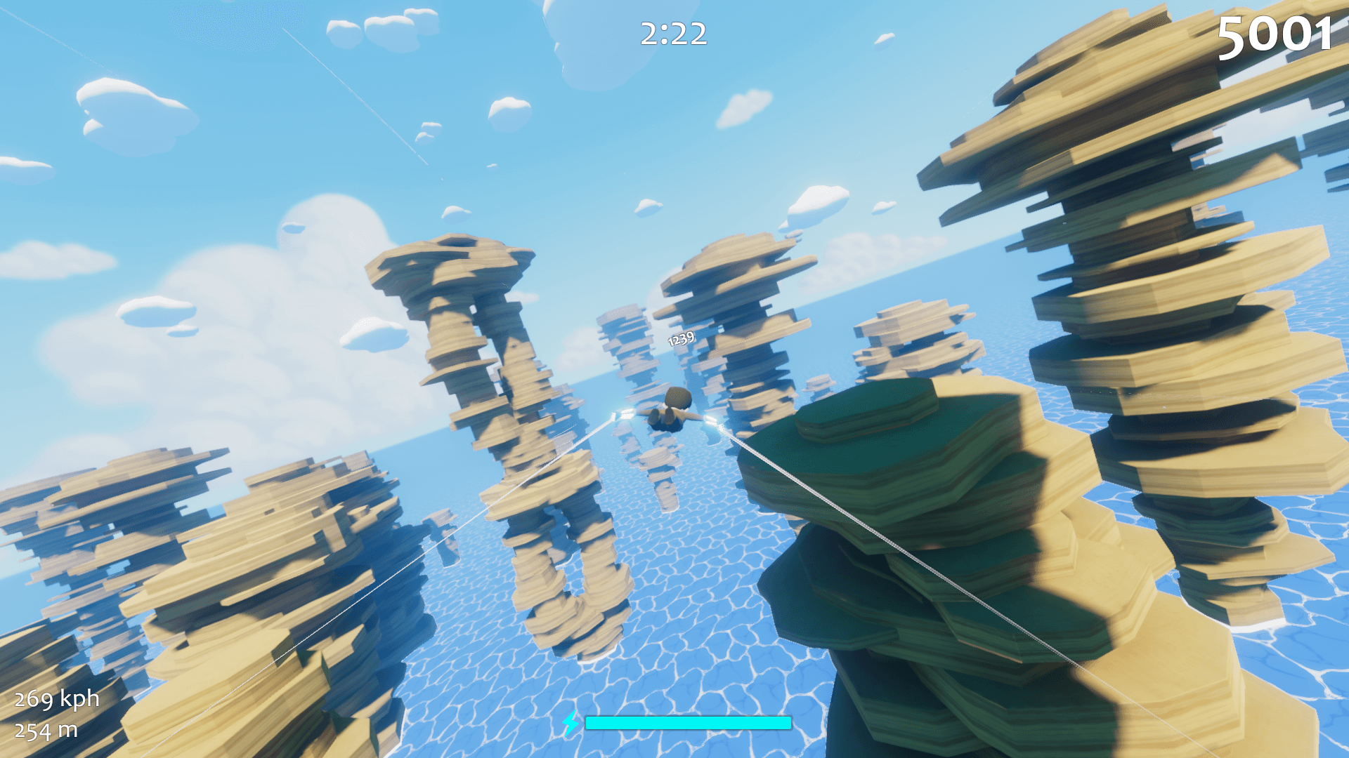 Gliding over strange, vertical stacked rock formations
