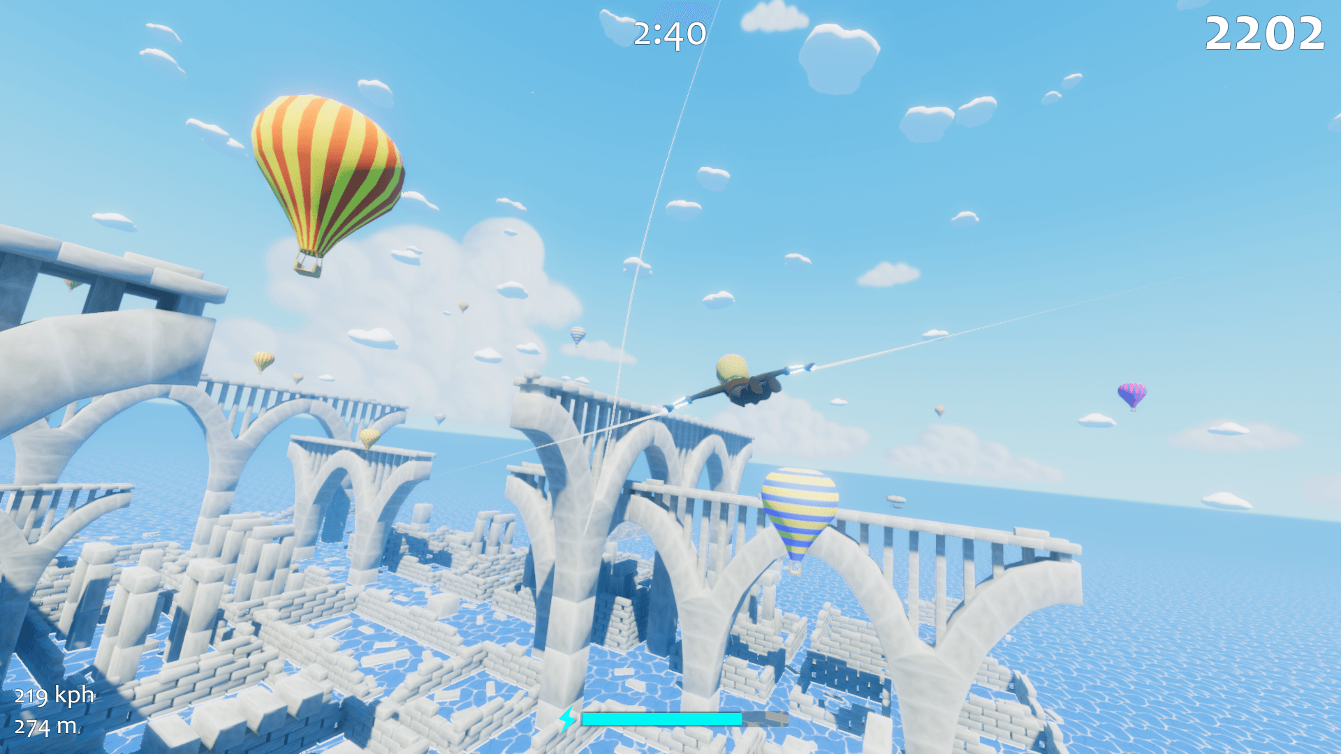 Soaring over ancient stone ruins through a sky filled with hot air balloons