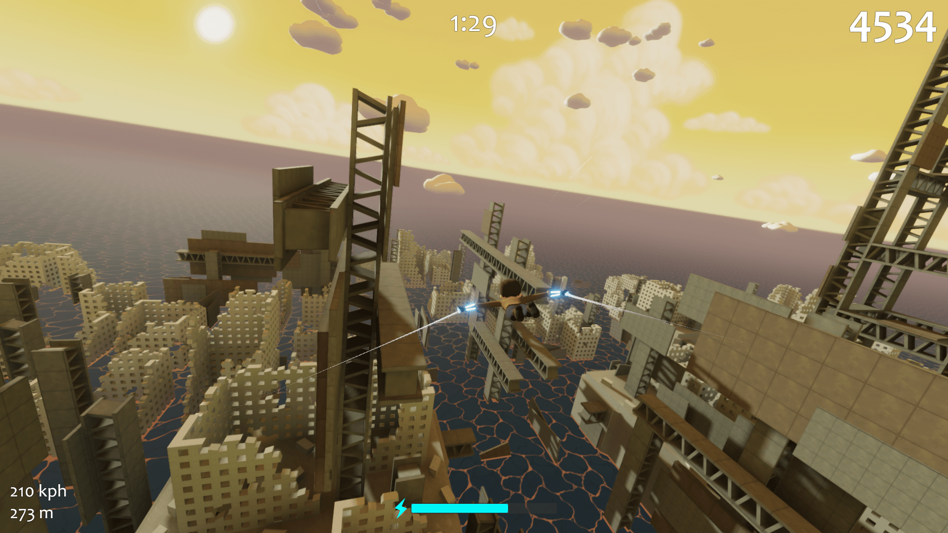 Flying along a huge metal girder above a sunken city