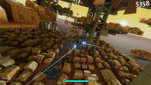 Flying near a windmill among metal girders, wooden platforms, and haphazardly constructed shacks